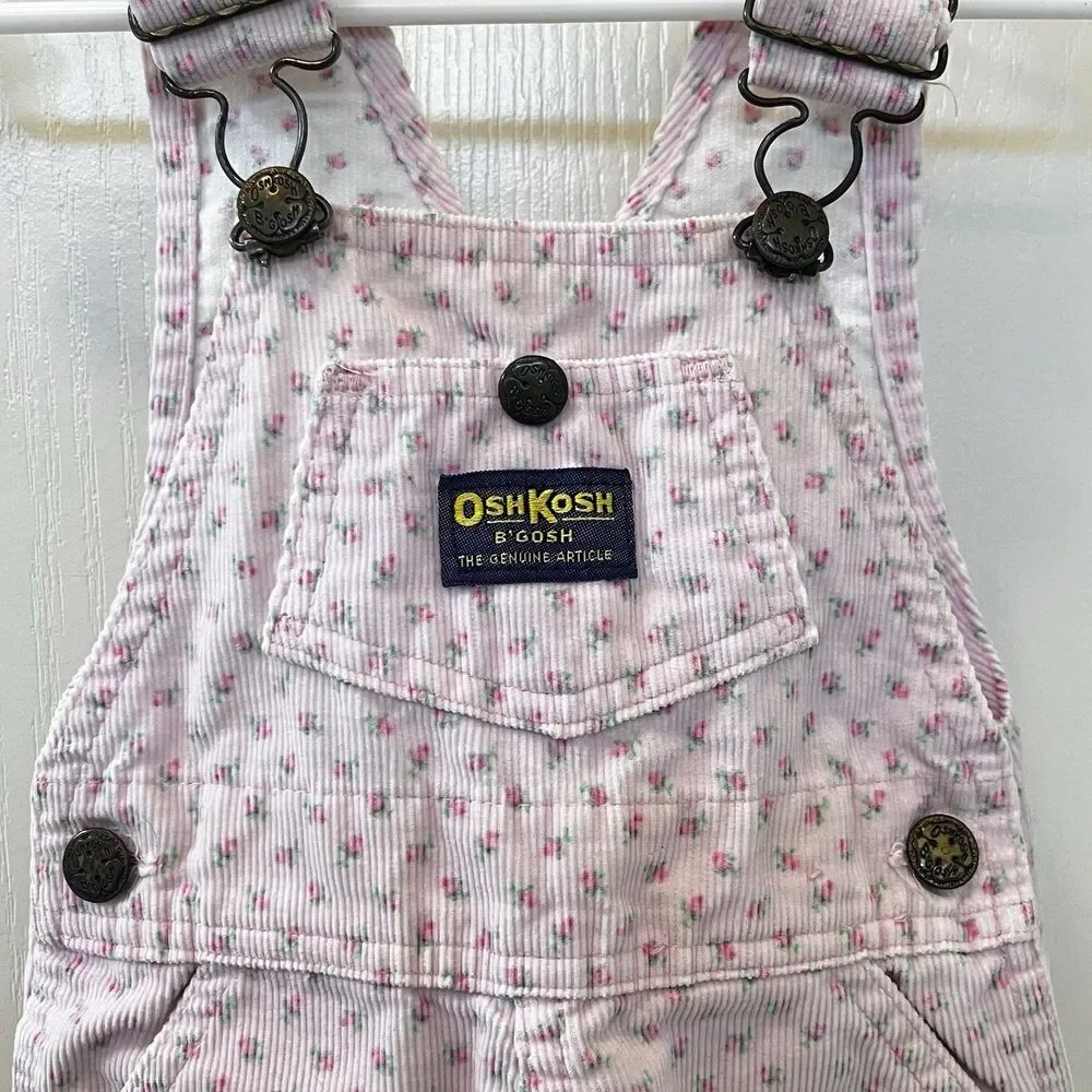 Vintage Oshkosh B'gosh Pink Rosebuds Corduroy Overall Dress Jumper Girls